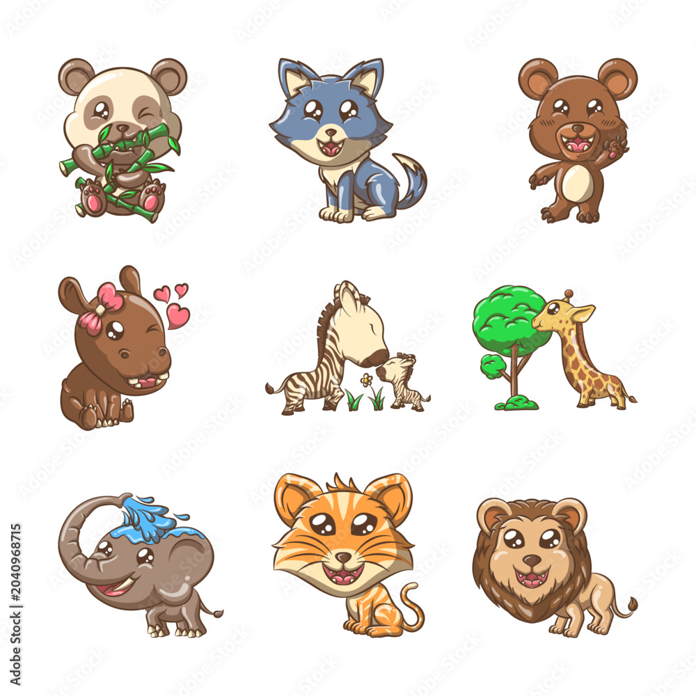 Fototapeta premium Set of Cute doodle cartoon Animal Illustrations Featuring Panda, Wolf, Bear, Hippo, Zebra, Giraffe, Elephant, Tiger, and Lion for Children's Design