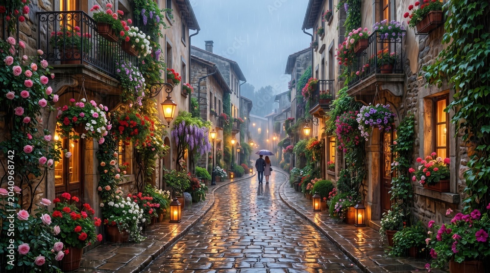 Fototapeta premium Romantic couple walking under an umbrella along a wet cobblestone street in a historic European village, surrounded by beautiful blooming flowers and warm glowing lanterns at dusk.
