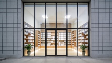 Large glass doors lead to a modern library interior with bookshelves and plants