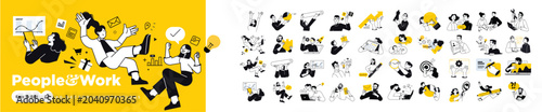 People and work. Vector illustrations of people in various business activities. Concepts for graphic and web design, social media, business presentation and marketing material. 