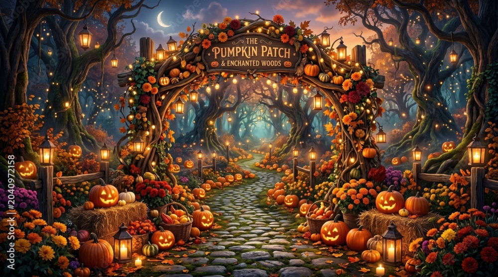 Obraz premium Enchanted Pumpkin Patch Entrance at Night with Glowing Jack o Lanterns and Stone Path through Spooky Autumn Forest under Crescent Moon and Magical Fairy Lights for Halloween Celebration Decor