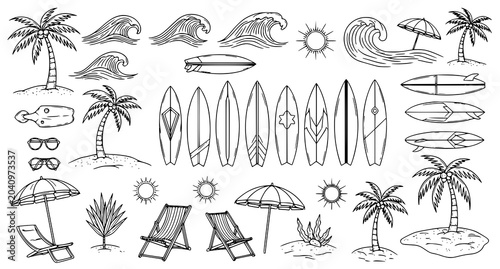 Foto Beach and surfing illustrations set with palm trees surfboards and tropical elem