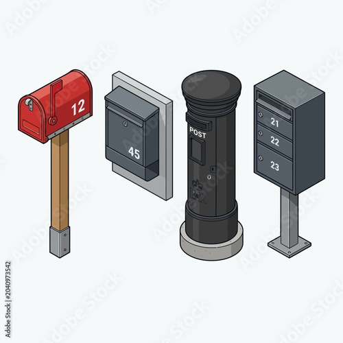 Isometric collection of various mailboxes and post boxes, illustrating different designs for sending and receiving letters and parcels in a modern graphic style