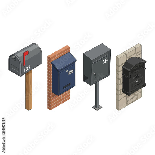 A comprehensive collection of diverse mailboxes, featuring various designs and mounting options crucial for secure mail reception, efficient postal communication, and reliable letter delivery