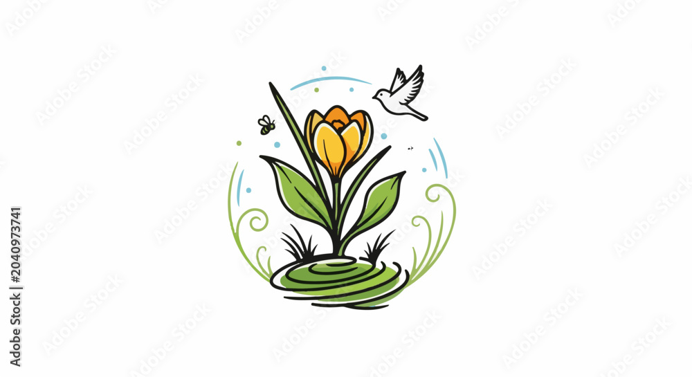 Fototapeta premium A stylized yellow flower with green leaves, a bee, and a bird in a whimsical design