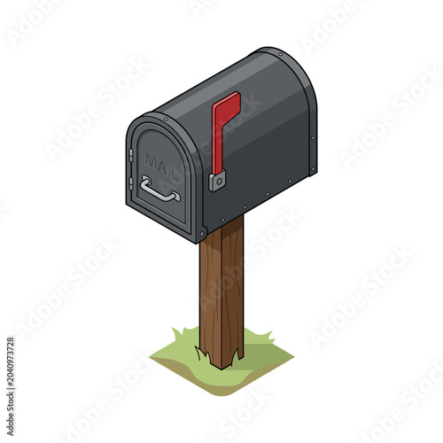 A classic black mailbox mounted on a wooden post, set against a grassy patch, illustrating traditional mail delivery