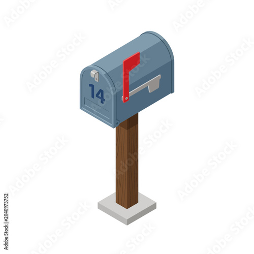 An isometric view of a blue mailbox with a red flag and the number 14 on a white background