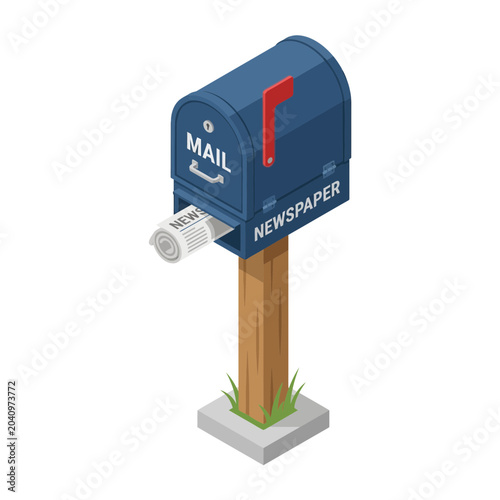 An isometric illustration of a blue mailbox with a newspaper sticking out, mounted on a wooden post with a concrete base