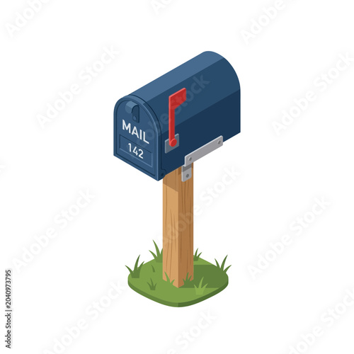 Isometric illustration of a classic blue mailbox on a wooden post with a raised red flag. Symbolizing traditional postal service, efficient mail delivery, and communication