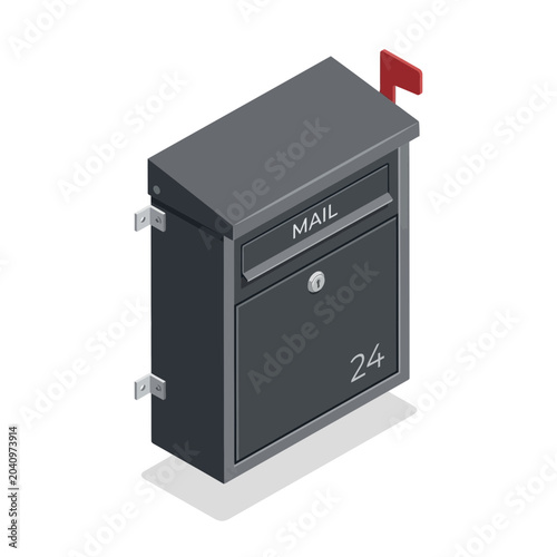 Modern dark grey mailbox with a red flag, standing upright on a white background, showcasing the number 24 and a mail slot with a lock, perfect for contemporary home or business use