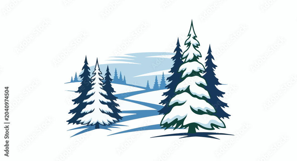 Fototapeta premium Snowy forest with winding path and distant hills