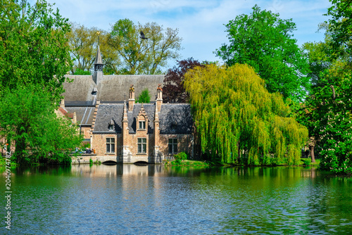 Morning  view of canals and historic houses in Bruges