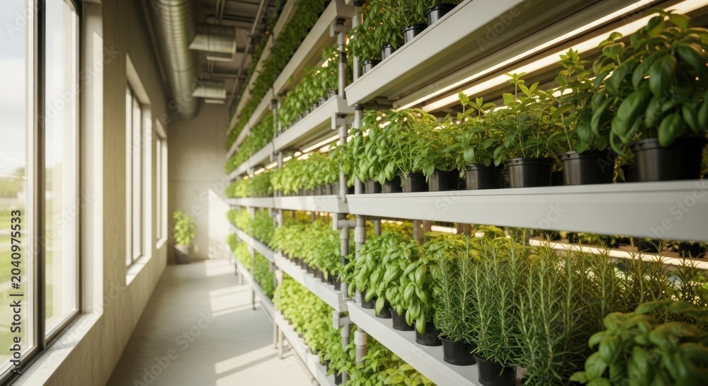 Fototapeta premium Vertical Indoor Farming System with Lush Green Plants Under Grow Lights.