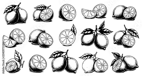 Φωτογραφία Black and white illustrations of lemons and limes with leaves