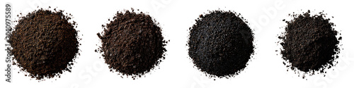 Four distinct piles of dark soil and compost arranged in row against clean isolated on a white or transparent background