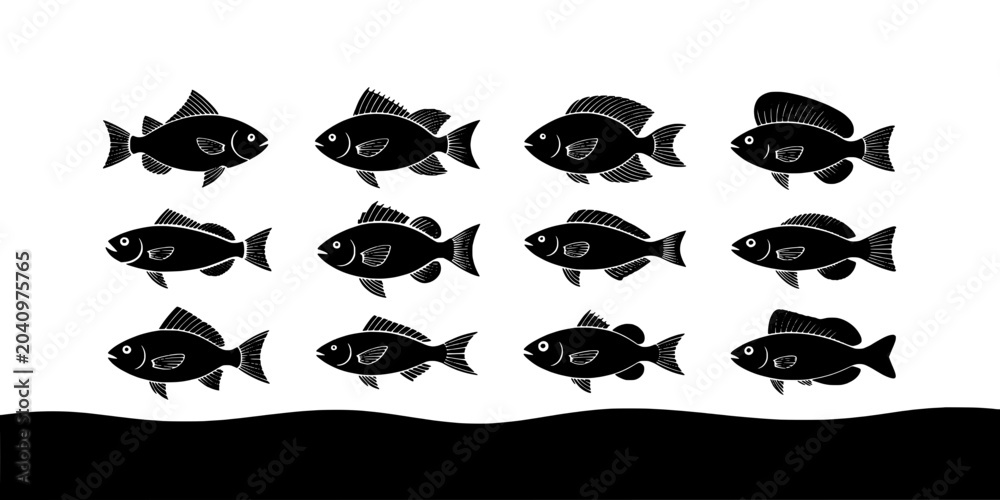 Fototapeta premium Fish set with black silhouettes swimming in water featuring aquatic, underwater, sea with ocean and marine elements for life, nature projects, clean