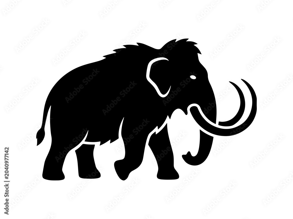 Fototapeta premium A black minimalist silhouette of a prehistoric woolly mammoth with large tusks. Ideal for logos, icons, and educational graphics related to nature, history, and extinction.