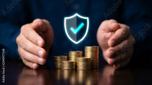 Bilde på lerret Hands protecting stacks of gold coins with a glowing shield icon symbolizing fin
