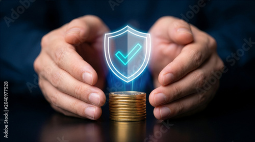 Photos Hands protecting stack of coins with glowing shield and checkmark symbolizing fi