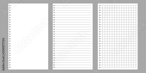 Set of Blank, Lined and Graph Notebook Paper Pages With Punched Holes and Gray Margins