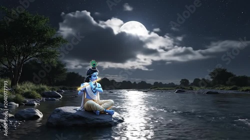 Blue-skinned hindu god krishna playing flute on a riverbank under a full moon