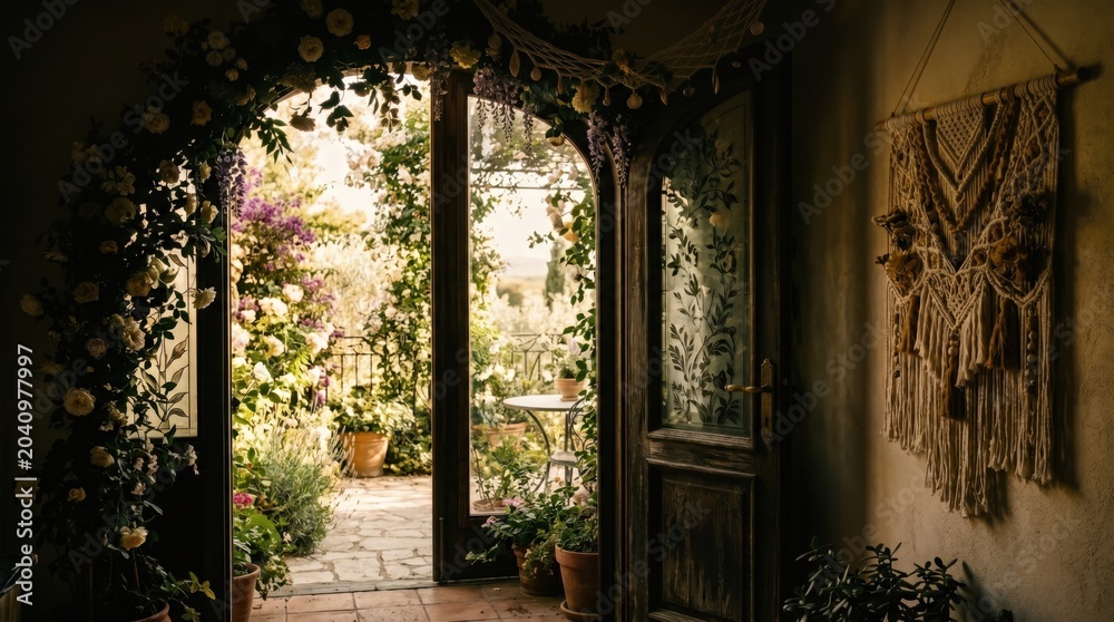 Obraz premium Rustic open wooden doorway adorned with floral arch leads to a sunlit garden patio with lush green plants, featuring cozy interior wall hanging under warm cinematic lighting for home decor.