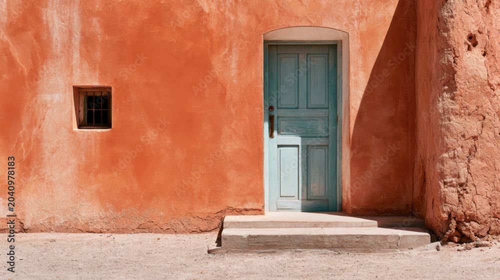 Fototapeta premium Sunlit blue door on terracotta wall, small square window casting geometric shadow, shallow step and warm plaster texture, muted coral and ochre tones, minimal composition evoking calm Mediterranean