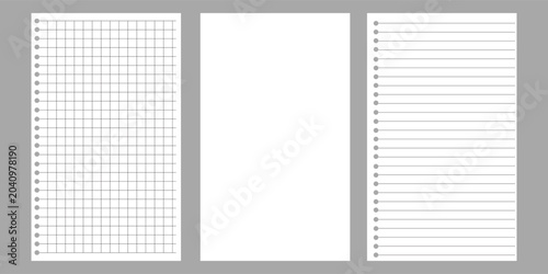 Set of Blank, Lined and Graph Notebook Paper Pages With Punched Holes and Gray Margins