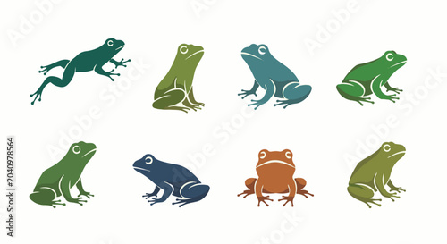 Eight stylized frogs, each a different color and posed differently