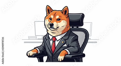 Anthropomorphic dog in business attire, sitting at a desk with computers