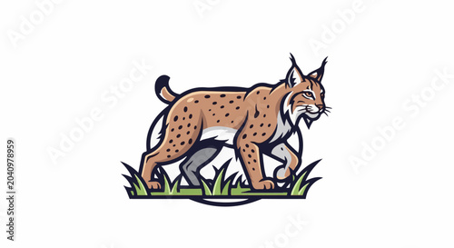 A stylized lynx walks through grass with a determined expression