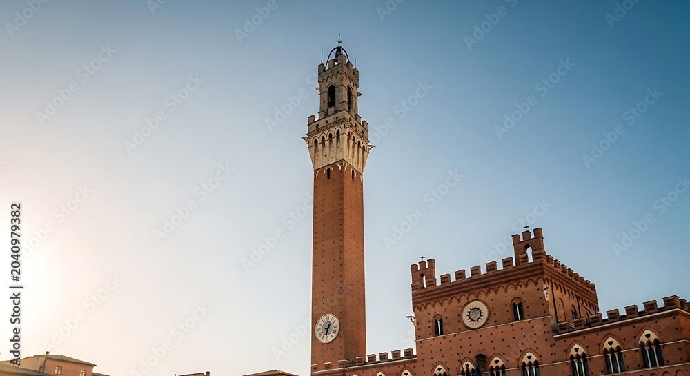 Naklejka premium Historic Tall Clock Tower Against Clear Sky in Siena.