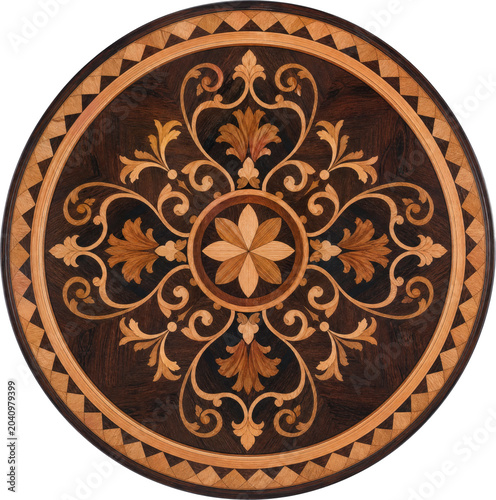 Luxury round display table with wood inlay isolated on transparent background