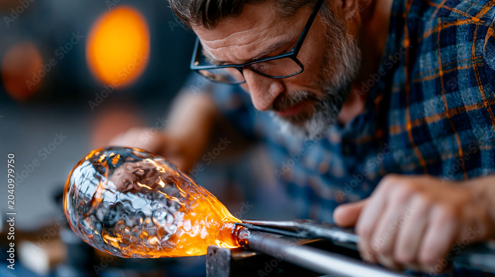 Obraz premium A realistic commercial stock image of a glassblower using metal jacks to shape a glowing molten glass vase on a blowpipe, close view of the transparent hot orange glass stretching
