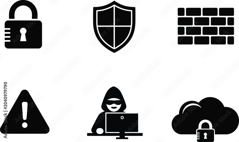 Obraz na plátně Cybersecurity icon set padlock shield firewall warning hacker cloud security