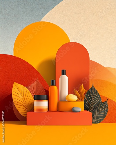 Skincare and cosmetic bottles on orange geometric display with abstract arch backdrop and decorative leaves