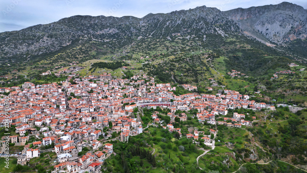 Fototapeta premium Horizontal High Angle Aerial Panorama of Arachova Mountain Town Greece