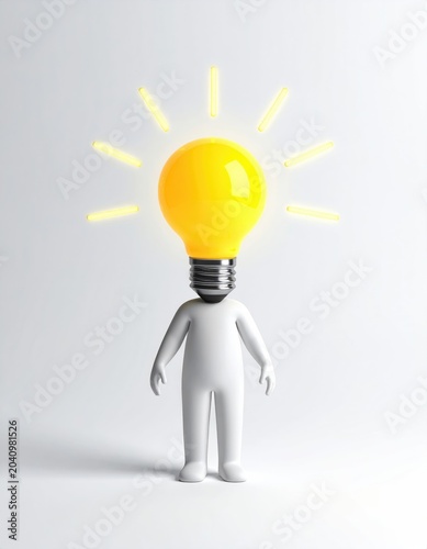 White figure with bright yellow lightbulb for a head, radiating light