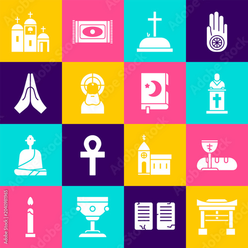 Set Japan Gate, First communion symbols, Church pastor preaching, Tombstone with cross, Jesus Christ, Hands praying position, building and Holy book of Koran icon. Vector