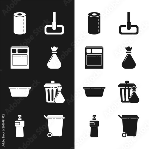Photos Set Garbage bag, Kitchen dishwasher machine, Paper towel roll, Mop, Plastic basin, Trash can and garbage, and Dishwashing liquid bottle icon