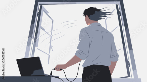 Tableau sur toile Man looking out the window with laptop.