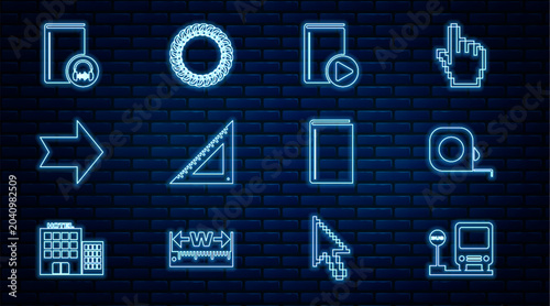 Set line Bus stop, Roulette construction, Audio book, Triangular ruler, Arrow, Book and Laurel wreath icon. Vector