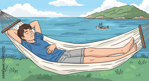 Εκτύπωση καμβά Man Sleeping in Hammock by the Ocean, Relaxing Vacation
