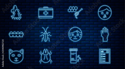 Photos Set line Clinical record, Hand with psoriasis eczema, Honeycomb honey dipper, Cockroach, Chicken egg box, Runny nose, Man excessive sweating and First aid kit icon