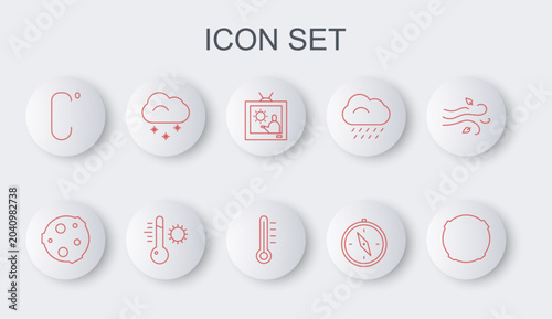 Cuadro en lienzo Set line Moon, Weather forecast, Compass, Celsius, Cloud with snow, Meteorology thermometer and icon