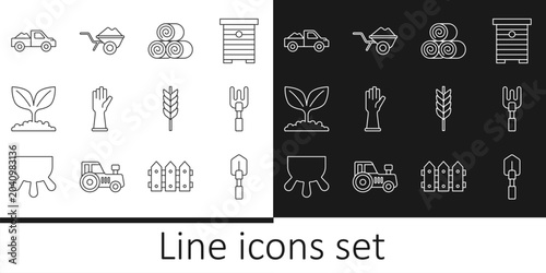 Tableau sur toile Set line Shovel, Garden rake, Roll of hay, Rubber gloves, Plant, Pickup truck, Wheat and Wheelbarrow with dirt icon
