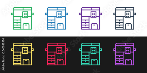Tableau sur toile Set line Office multifunction printer copy machine icon isolated on black and white background
