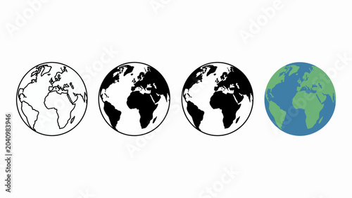 four globes in flat vector style earth planet world map geography illustration icon design graphic simple minimalist global international continents oceans