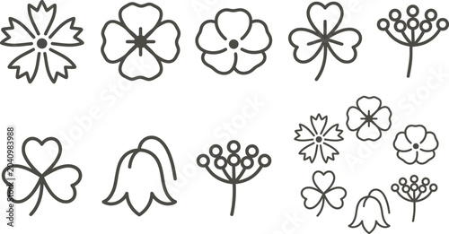 Black line flower icons, floral outline symbols, 12 piece collection, minimalist style