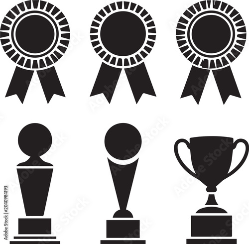 Collection of award ribbon rosettes and trophy cup icons in black silhouette style for competition winners and sports tournament.